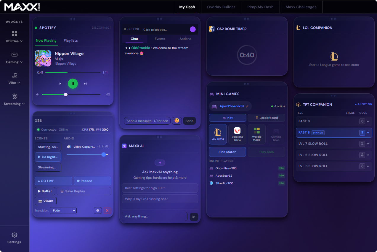 MaxxDash gaming dashboard UI